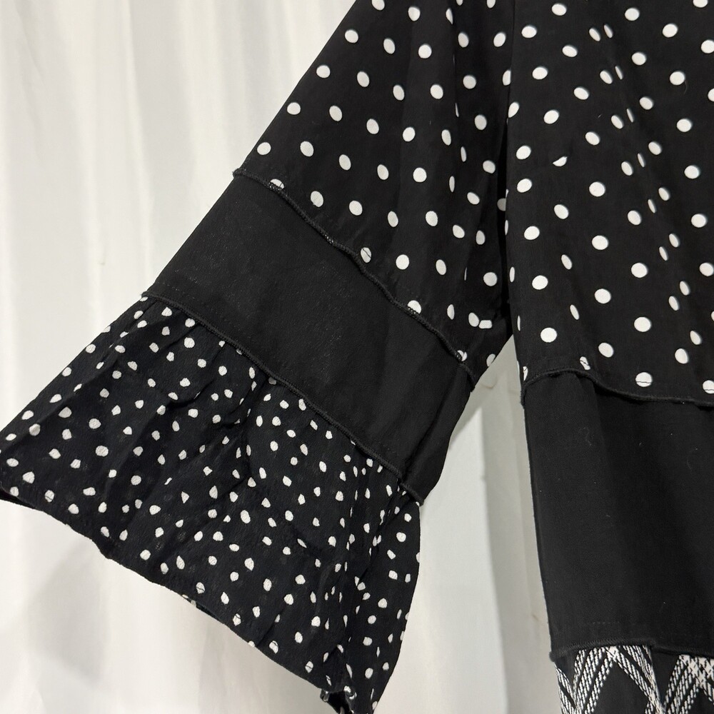 Caleooa Mixed Print Tunic Blouse Sz PL Black White Polka Dot Plaid Tiered Ruffle - Picture 5 of 11